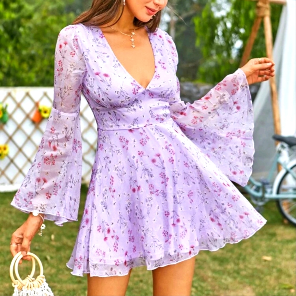 Purple floral chiffon dress